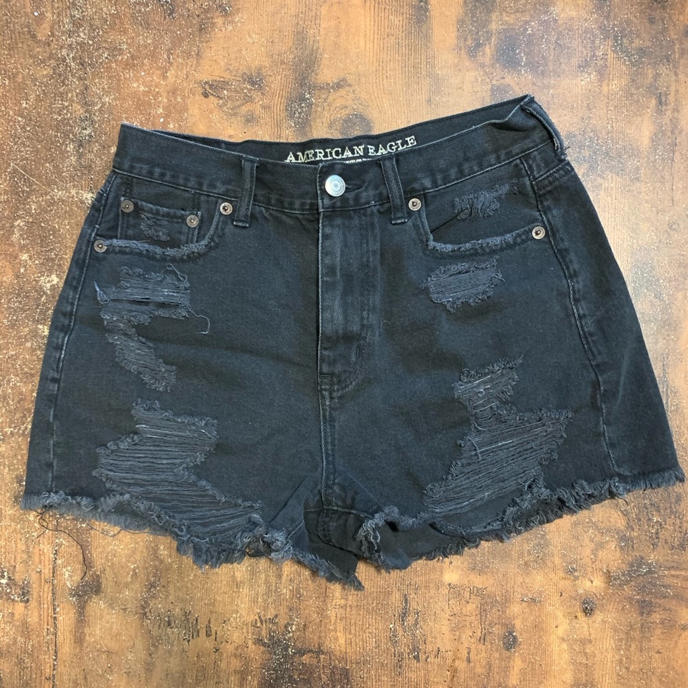 Black Denim Ripped Mom Shorts